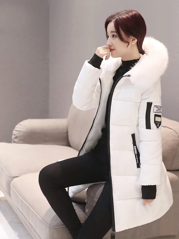 Parka à Capuche avec Col en Fourrure pour Femme, Veste Longue Élégante, Slim, Chaude, Optique, Design de Poches à Fermeture Éclair, Patch Lettre, Mode d'Hiver