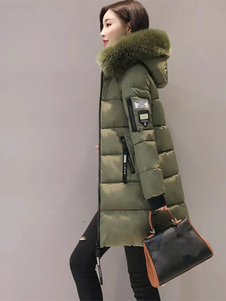 Parka à Capuche avec Col en Fourrure pour Femme, Veste Longue Élégante, Slim, Chaude, Optique, Design de Poches à Fermeture Éclair, Patch Lettre, Mode d'Hiver