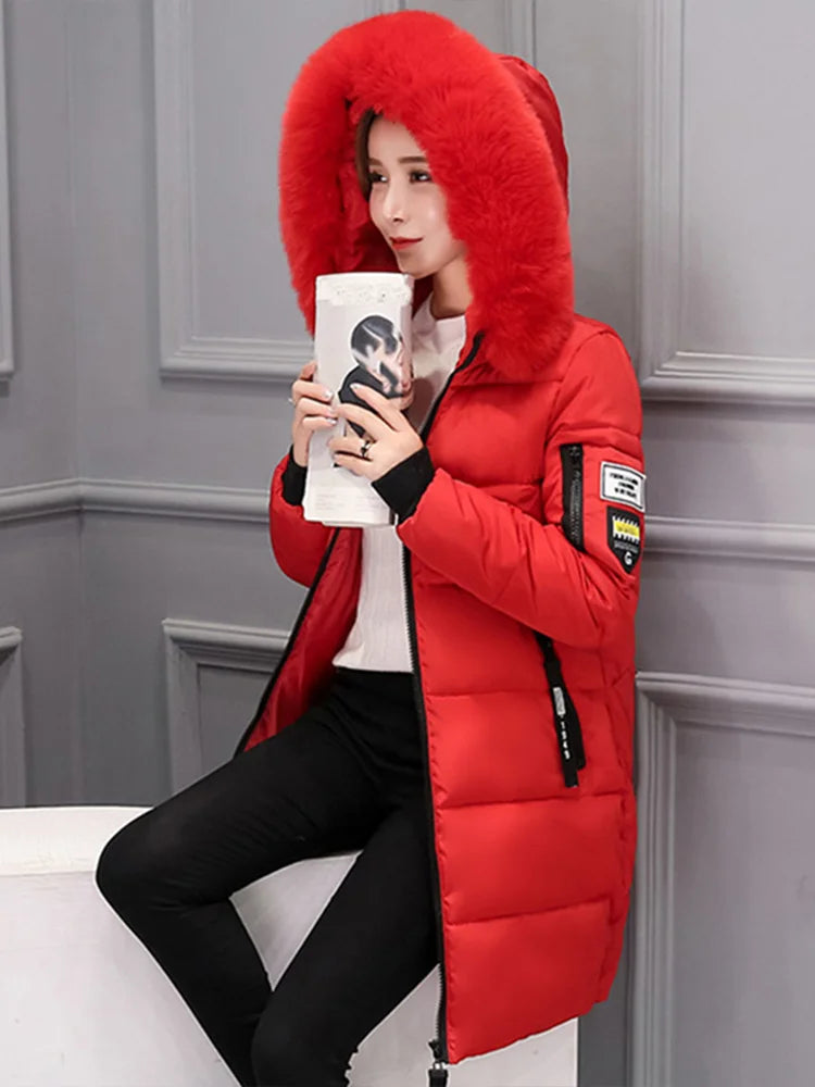 Parka à Capuche avec Col en Fourrure pour Femme, Veste Longue Élégante, Slim, Chaude, Optique, Design de Poches à Fermeture Éclair, Patch Lettre, Mode d'Hiver