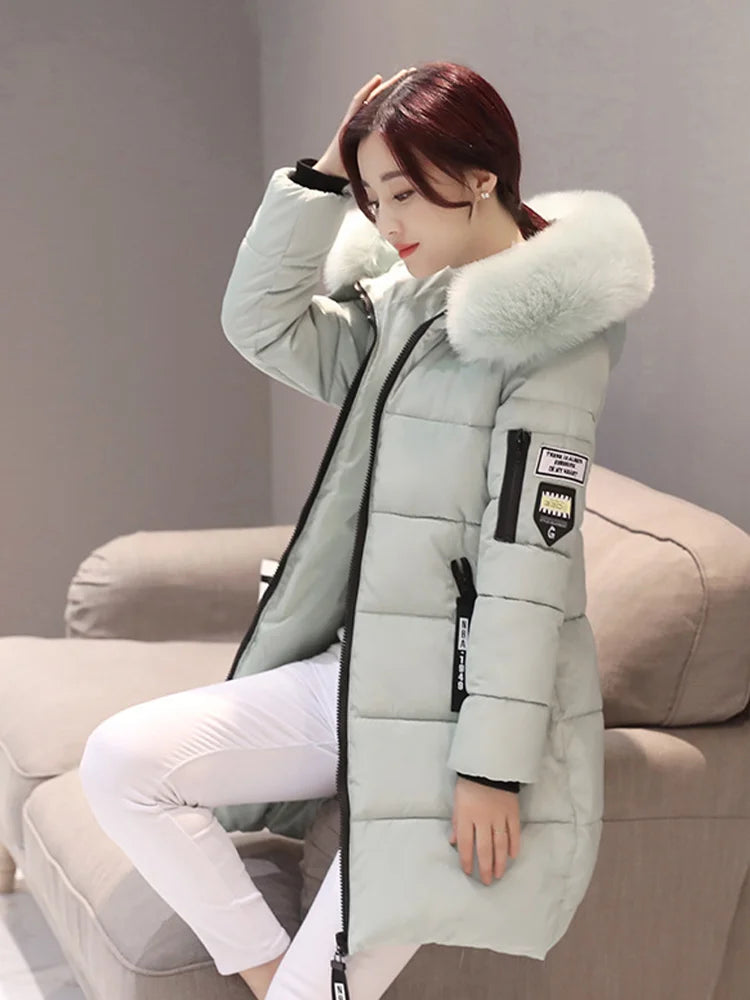 Parka à Capuche avec Col en Fourrure pour Femme, Veste Longue Élégante, Slim, Chaude, Optique, Design de Poches à Fermeture Éclair, Patch Lettre, Mode d'Hiver