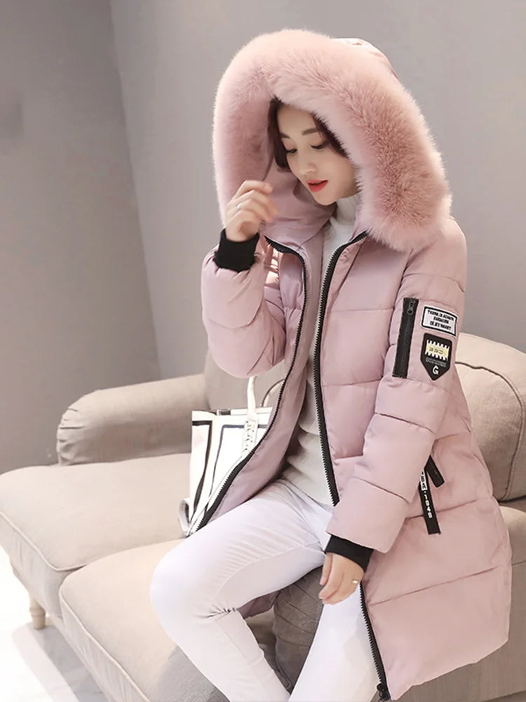 Parka à Capuche avec Col en Fourrure pour Femme, Veste Longue Élégante, Slim, Chaude, Optique, Design de Poches à Fermeture Éclair, Patch Lettre, Mode d'Hiver