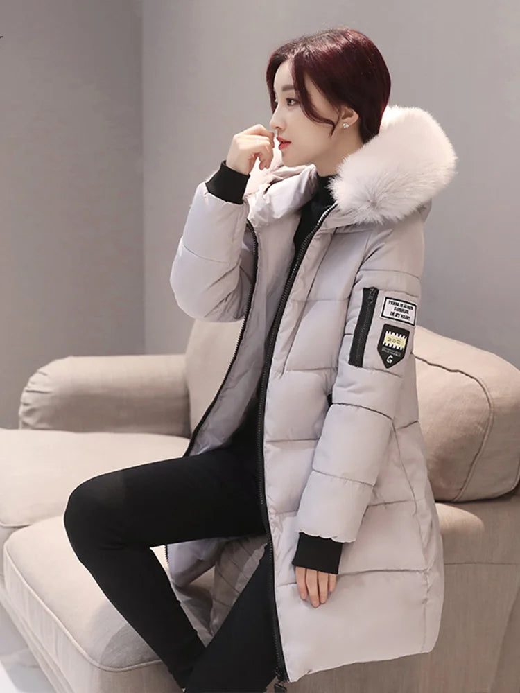 Parka à Capuche avec Col en Fourrure pour Femme, Veste Longue Élégante, Slim, Chaude, Optique, Design de Poches à Fermeture Éclair, Patch Lettre, Mode d'Hiver