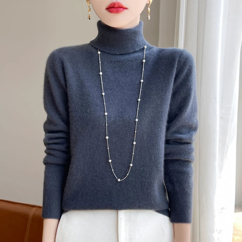 100% laine mérinos cachemire pull femmes tricoté pull col roulé à manches longues pulls automne hiver vêtements chaud pull hauts