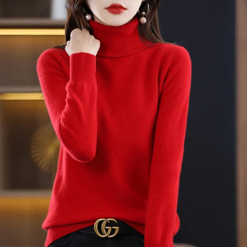 100% laine mérinos cachemire pull femmes tricoté pull col roulé à manches longues pulls automne hiver vêtements chaud pull hauts