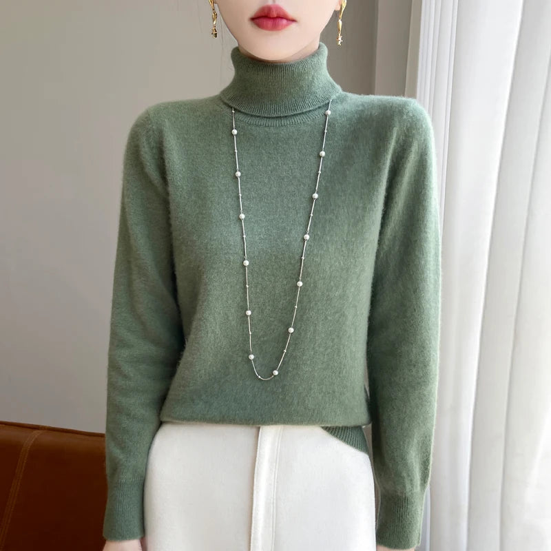 100% laine mérinos cachemire pull femmes tricoté pull col roulé à manches longues pulls automne hiver vêtements chaud pull hauts