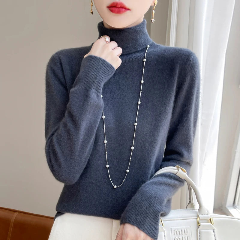 100% laine mérinos cachemire pull femmes tricoté pull col roulé à manches longues pulls automne hiver vêtements chaud pull hauts