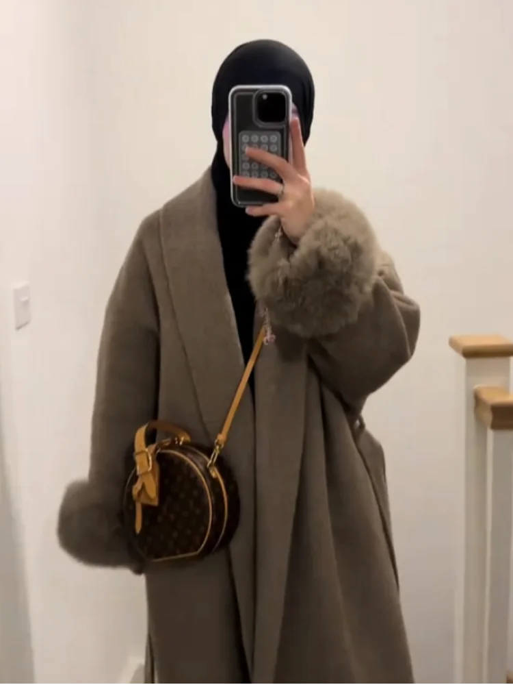 Mode marron moelleux revers fausse fourrure manteaux avec ceinture femmes 2025 hiver épais chaud longue veste élégante rue dame Chic vêtements d'extérieur