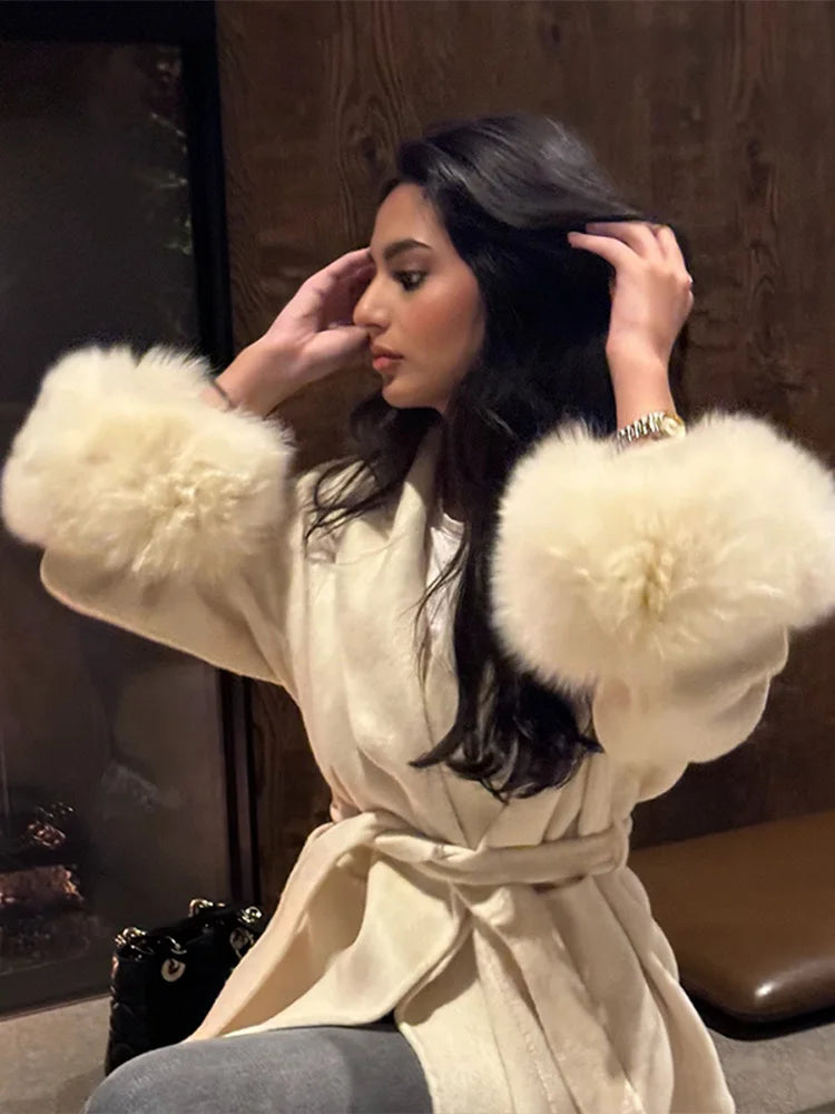 Mode marron moelleux revers fausse fourrure manteaux avec ceinture femmes 2025 hiver épais chaud longue veste élégante rue dame Chic vêtements d'extérieur