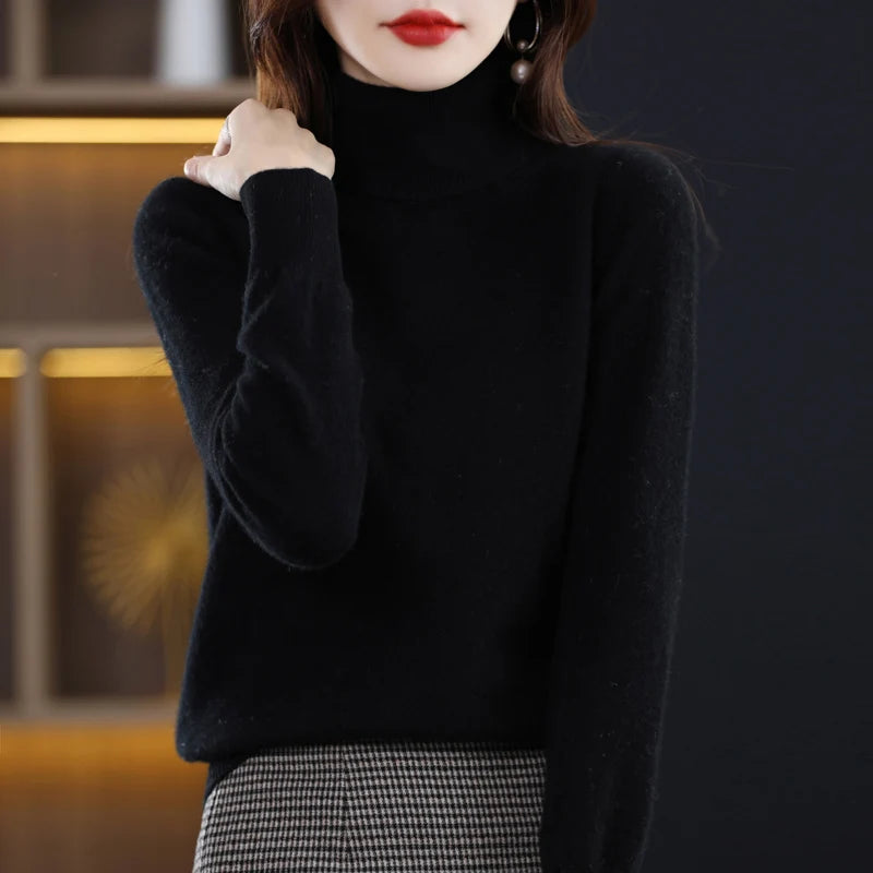 100% laine mérinos cachemire pull femmes tricoté pull col roulé à manches longues pulls automne hiver vêtements chaud pull hauts