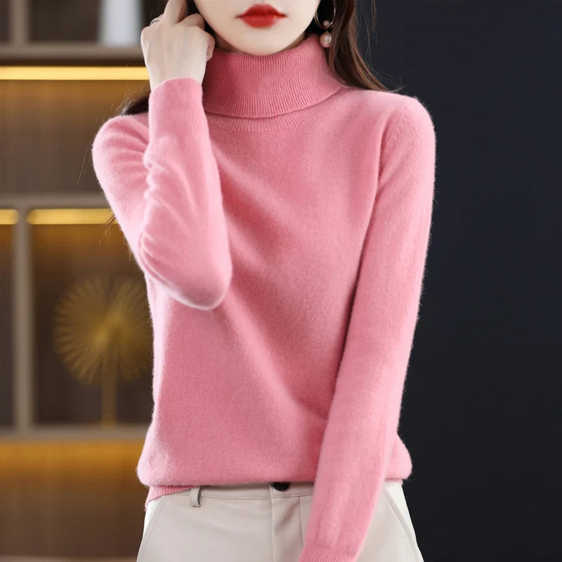 100% laine mérinos cachemire pull femmes tricoté pull col roulé à manches longues pulls automne hiver vêtements chaud pull hauts