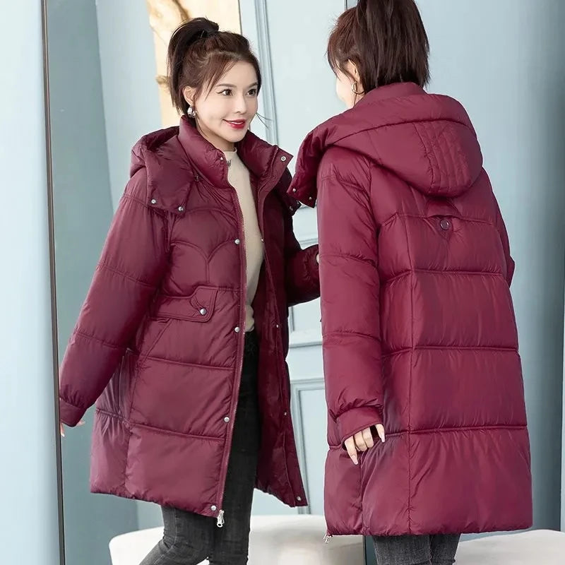 Doudoune en coton mi-longue pour femme, manteau matelassé coréen, parkas épaisses et chaudes, manteau à capuche, hiver, 3XL, nouveau, 2023
