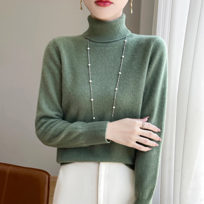 100% laine mérinos cachemire pull femmes tricoté pull col roulé à manches longues pulls automne hiver vêtements chaud pull hauts