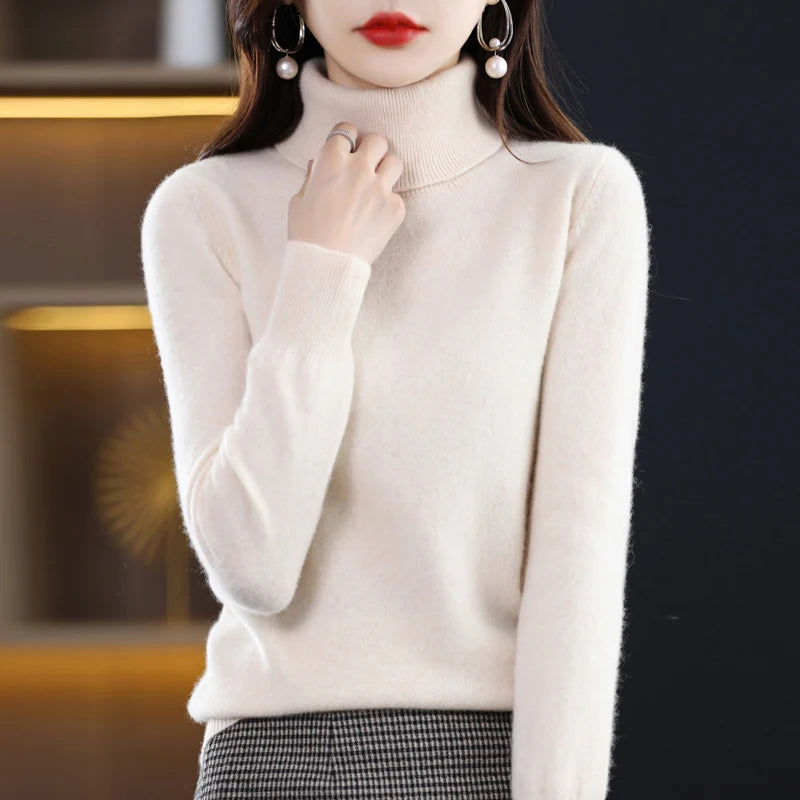 100% laine mérinos cachemire pull femmes tricoté pull col roulé à manches longues pulls automne hiver vêtements chaud pull hauts