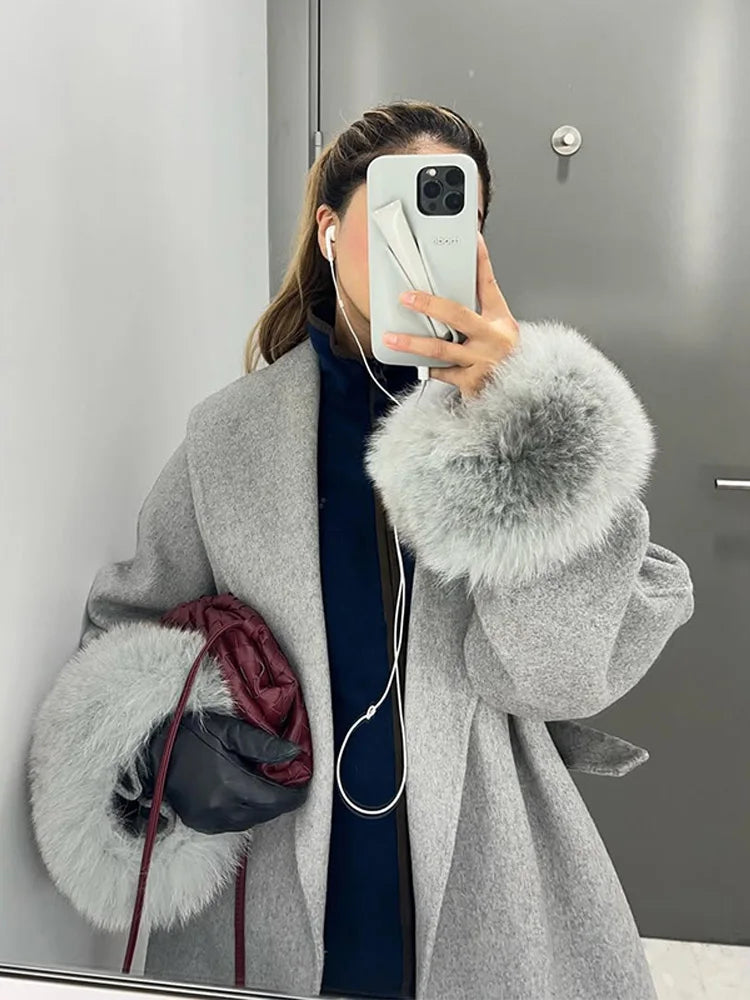 Mode marron moelleux revers fausse fourrure manteaux avec ceinture femmes 2025 hiver épais chaud longue veste élégante rue dame Chic vêtements d'extérieur