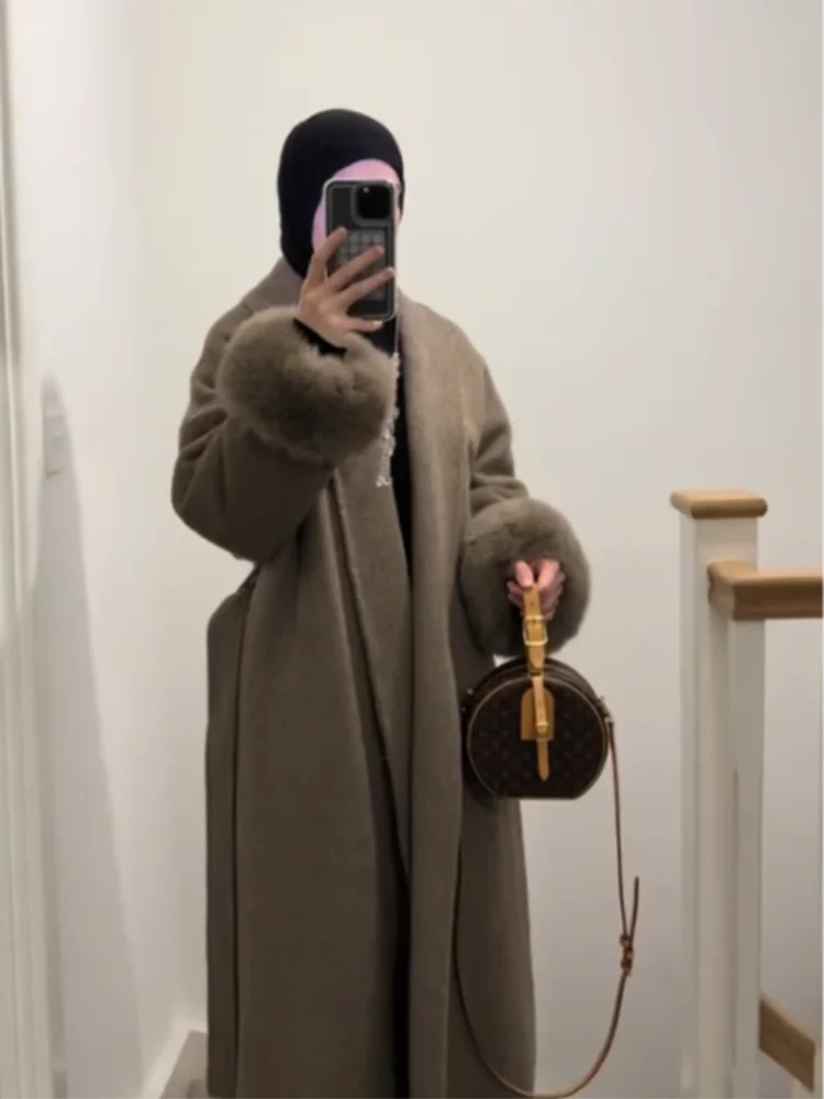 Mode marron moelleux revers fausse fourrure manteaux avec ceinture femmes 2025 hiver épais chaud longue veste élégante rue dame Chic vêtements d'extérieur