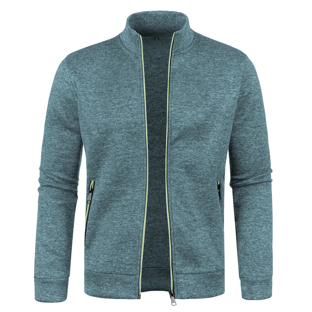 Automne et hiver hommes nouvelle longue fermeture éclair couleur bloc pull manches mince en peluche pull veste décontracté coupe ajustée confortable manteau