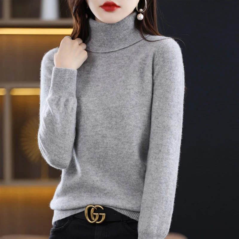 100% laine mérinos cachemire pull femmes tricoté pull col roulé à manches longues pulls automne hiver vêtements chaud pull hauts
