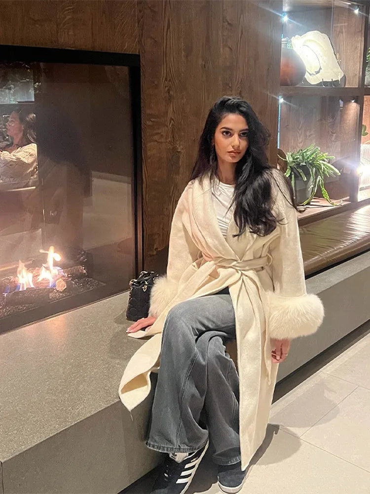 Mode marron moelleux revers fausse fourrure manteaux avec ceinture femmes 2025 hiver épais chaud longue veste élégante rue dame Chic vêtements d'extérieur