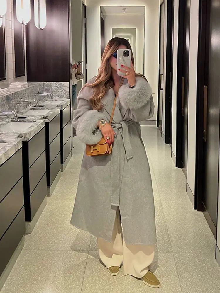 Mode marron moelleux revers fausse fourrure manteaux avec ceinture femmes 2025 hiver épais chaud longue veste élégante rue dame Chic vêtements d'extérieur
