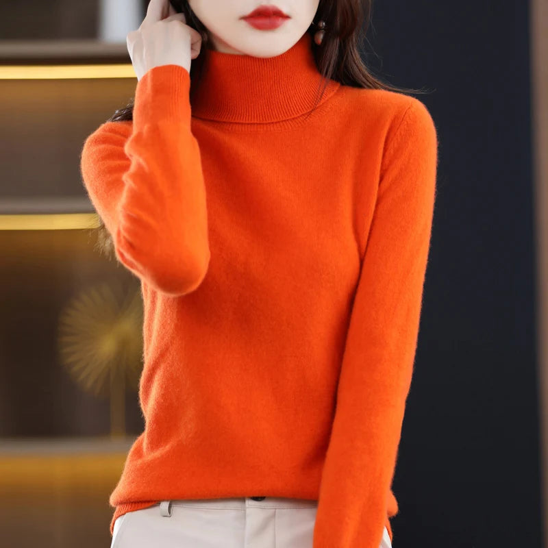 100% laine mérinos cachemire pull femmes tricoté pull col roulé à manches longues pulls automne hiver vêtements chaud pull hauts