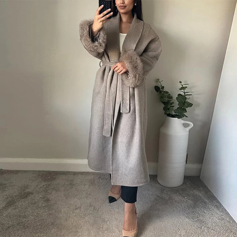 Mode marron moelleux revers fausse fourrure manteaux avec ceinture femmes 2025 hiver épais chaud longue veste élégante rue dame Chic vêtements d'extérieur