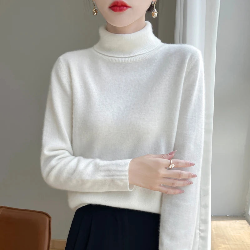 100% laine mérinos cachemire pull femmes tricoté pull col roulé à manches longues pulls automne hiver vêtements chaud pull hauts