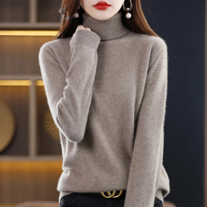 100% laine mérinos cachemire pull femmes tricoté pull col roulé à manches longues pulls automne hiver vêtements chaud pull hauts