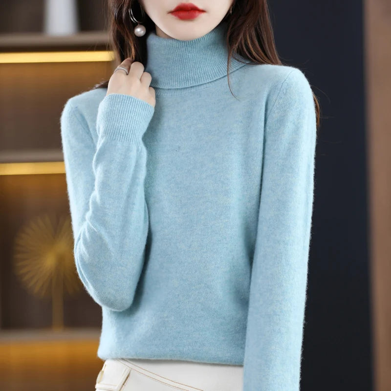 100% laine mérinos cachemire pull femmes tricoté pull col roulé à manches longues pulls automne hiver vêtements chaud pull hauts