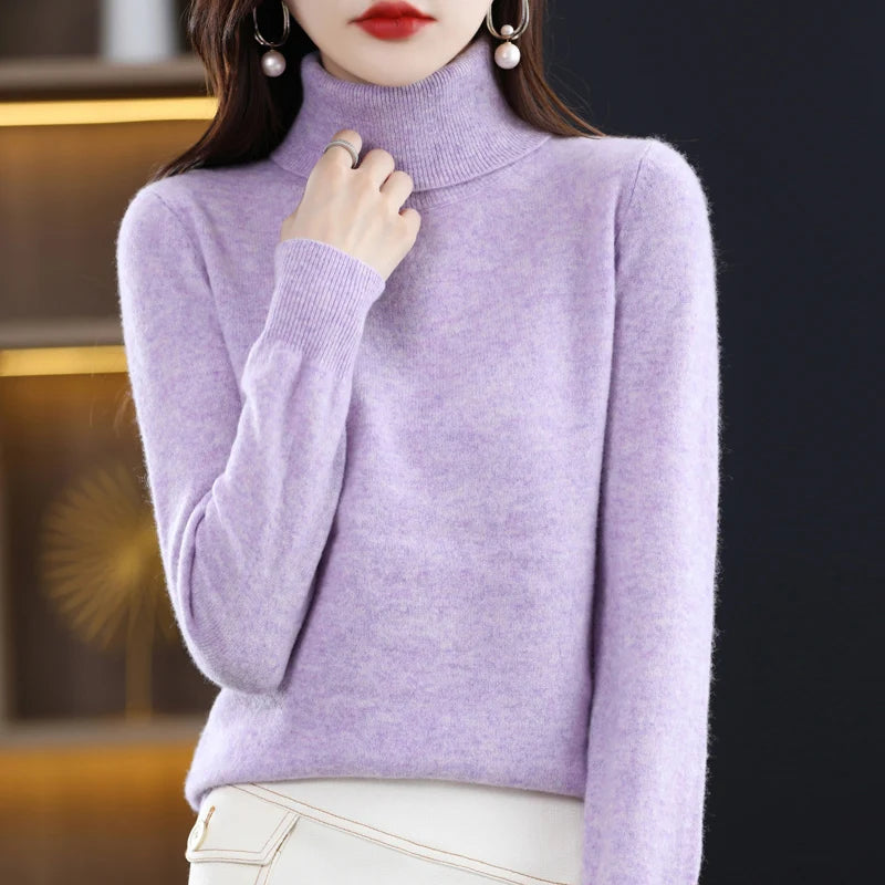 100% laine mérinos cachemire pull femmes tricoté pull col roulé à manches longues pulls automne hiver vêtements chaud pull hauts