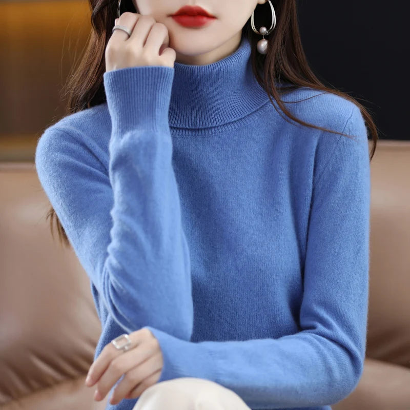 100% laine mérinos cachemire pull femmes tricoté pull col roulé à manches longues pulls automne hiver vêtements chaud pull hauts
