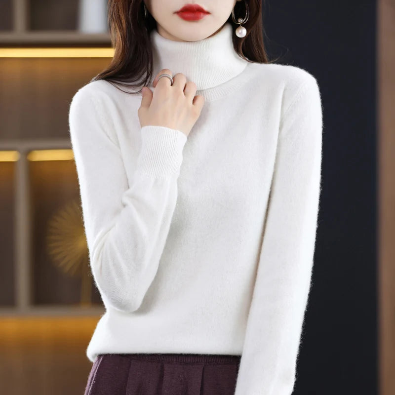 100% laine mérinos cachemire pull femmes tricoté pull col roulé à manches longues pulls automne hiver vêtements chaud pull hauts