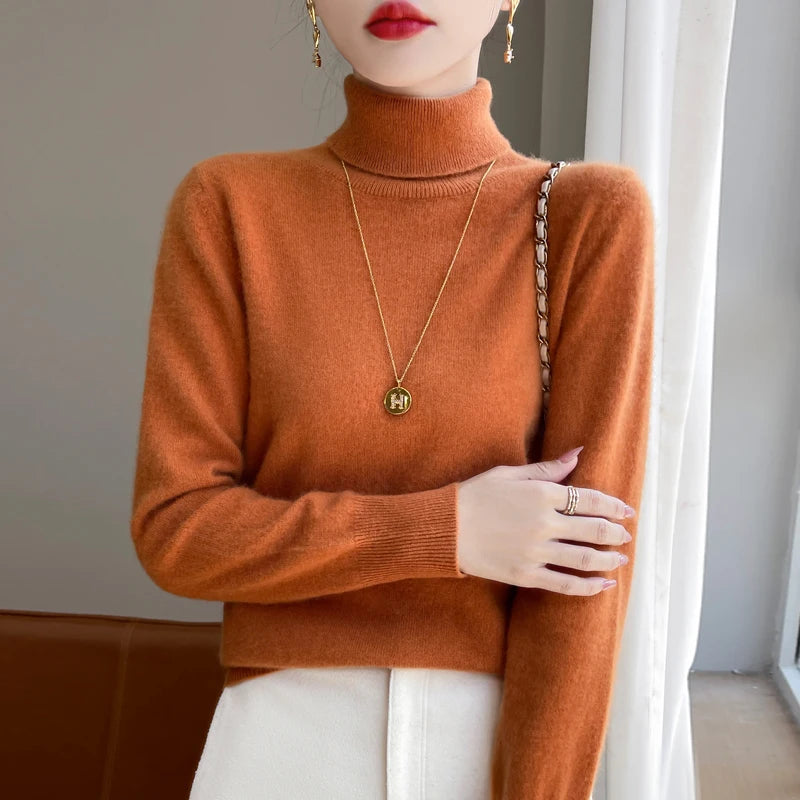 100% laine mérinos cachemire pull femmes tricoté pull col roulé à manches longues pulls automne hiver vêtements chaud pull hauts