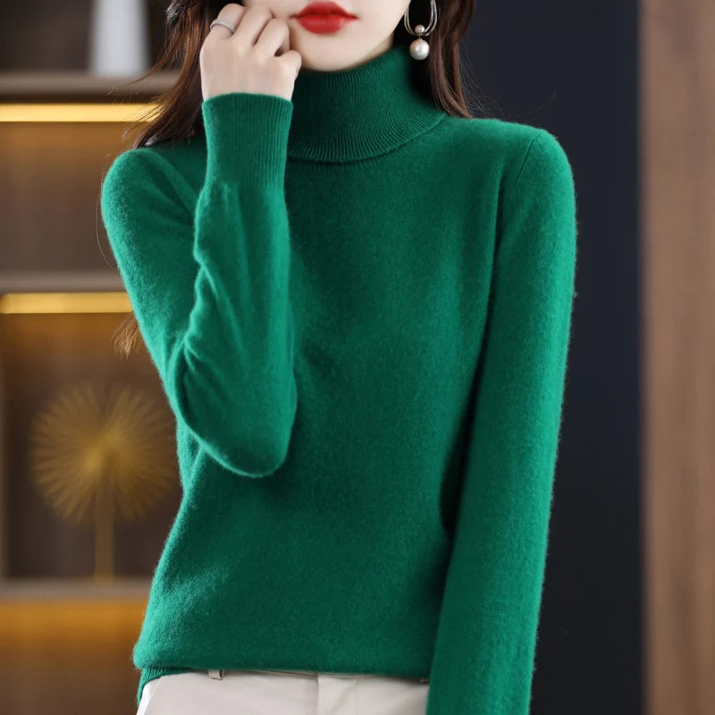 100% laine mérinos cachemire pull femmes tricoté pull col roulé à manches longues pulls automne hiver vêtements chaud pull hauts