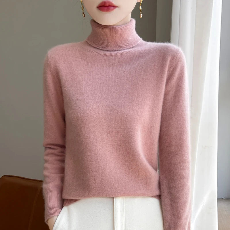 100% laine mérinos cachemire pull femmes tricoté pull col roulé à manches longues pulls automne hiver vêtements chaud pull hauts