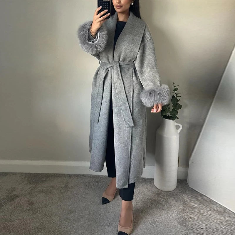 Mode marron moelleux revers fausse fourrure manteaux avec ceinture femmes 2025 hiver épais chaud longue veste élégante rue dame Chic vêtements d'extérieur