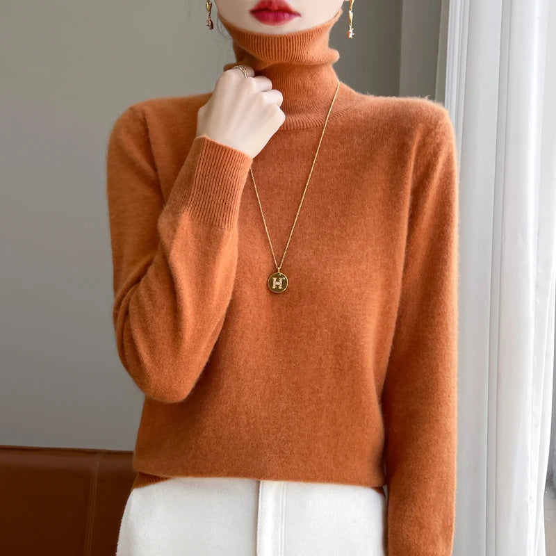 100% laine mérinos cachemire pull femmes tricoté pull col roulé à manches longues pulls automne hiver vêtements chaud pull hauts