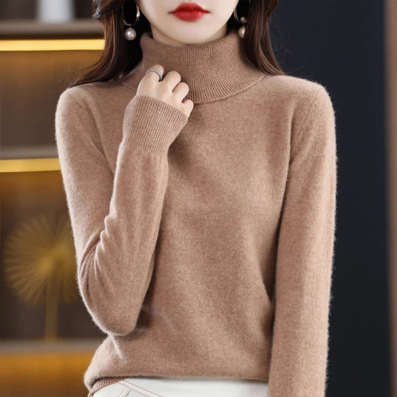 100% laine mérinos cachemire pull femmes tricoté pull col roulé à manches longues pulls automne hiver vêtements chaud pull hauts