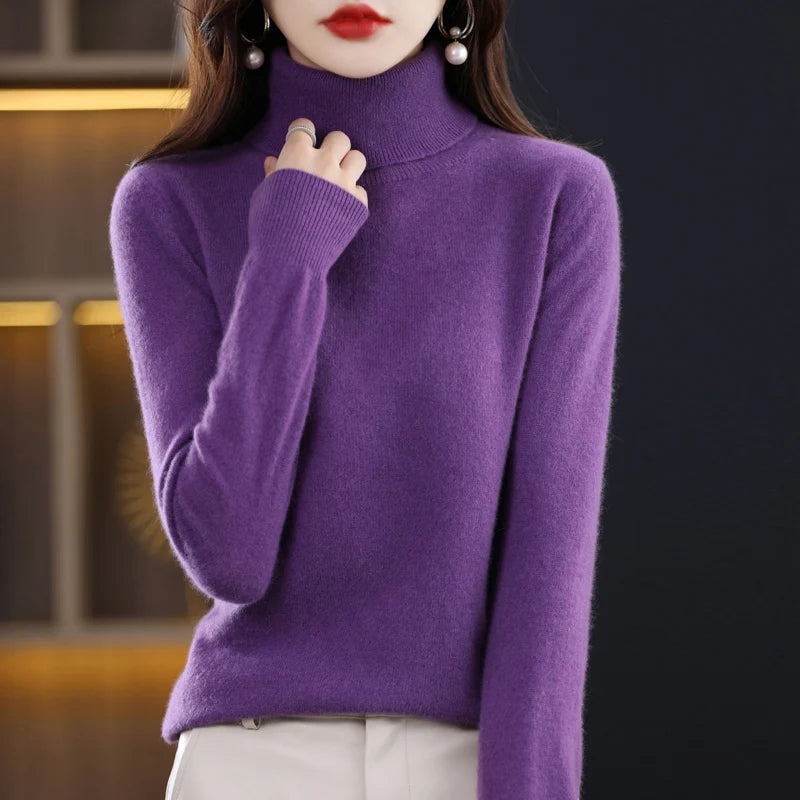 100% laine mérinos cachemire pull femmes tricoté pull col roulé à manches longues pulls automne hiver vêtements chaud pull hauts